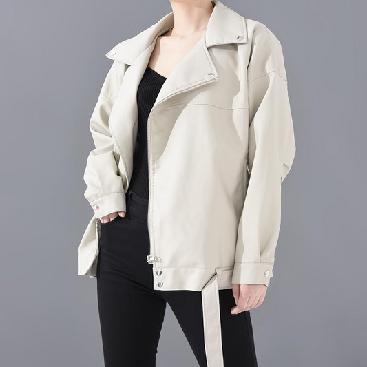 PU Leather Loose Turn-down Collar Zipper Jacket