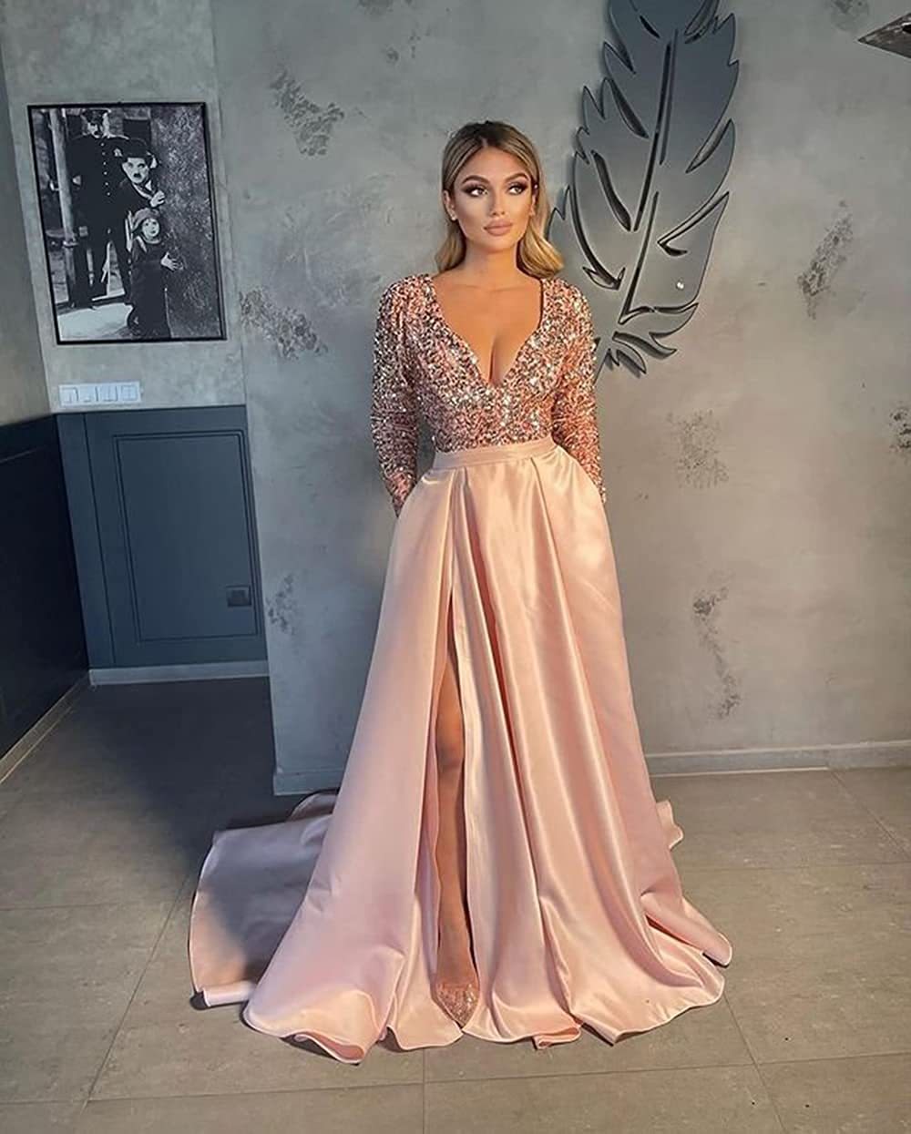 Deep V-Neck Long Sleeve Split Prom Dress