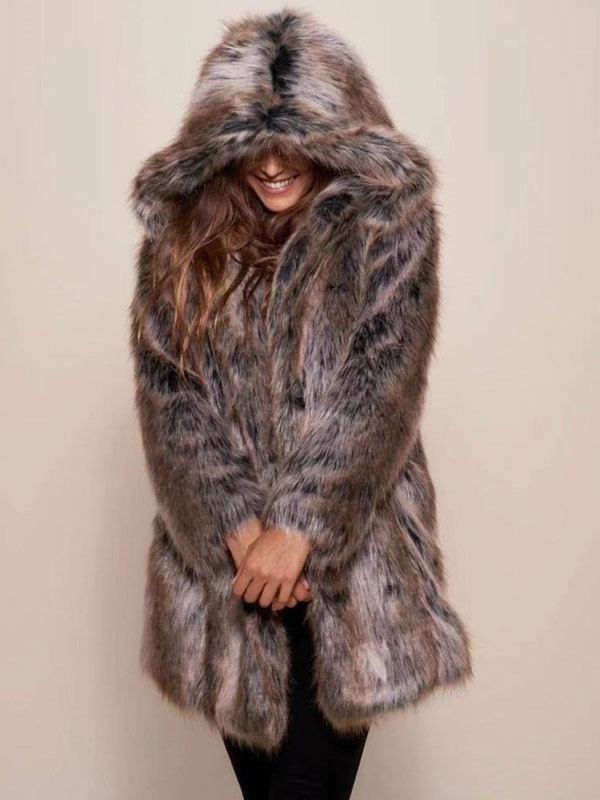 Oversize Hooded Camel Faux Fur Winter Coat