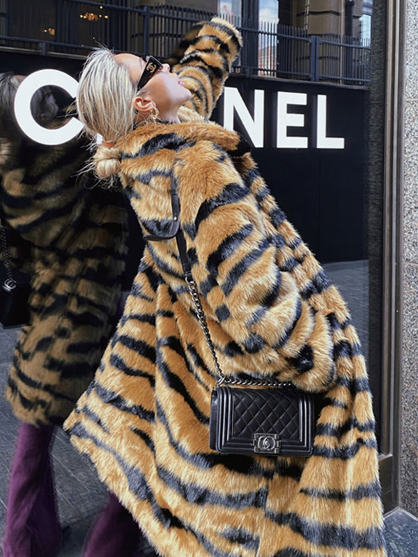 Oversize Tiger Print Faux Fur Winter Coat