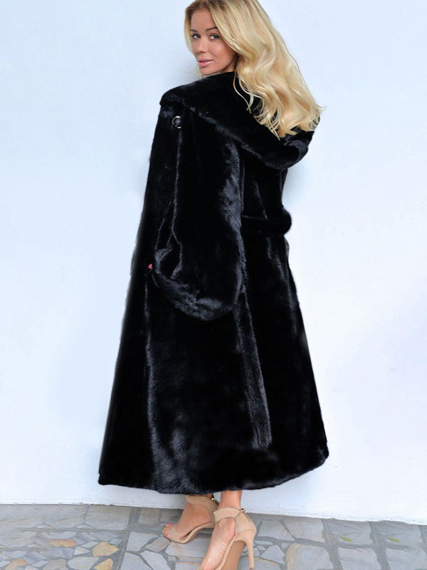 Winter Belted Hooded Faux Fur Coat