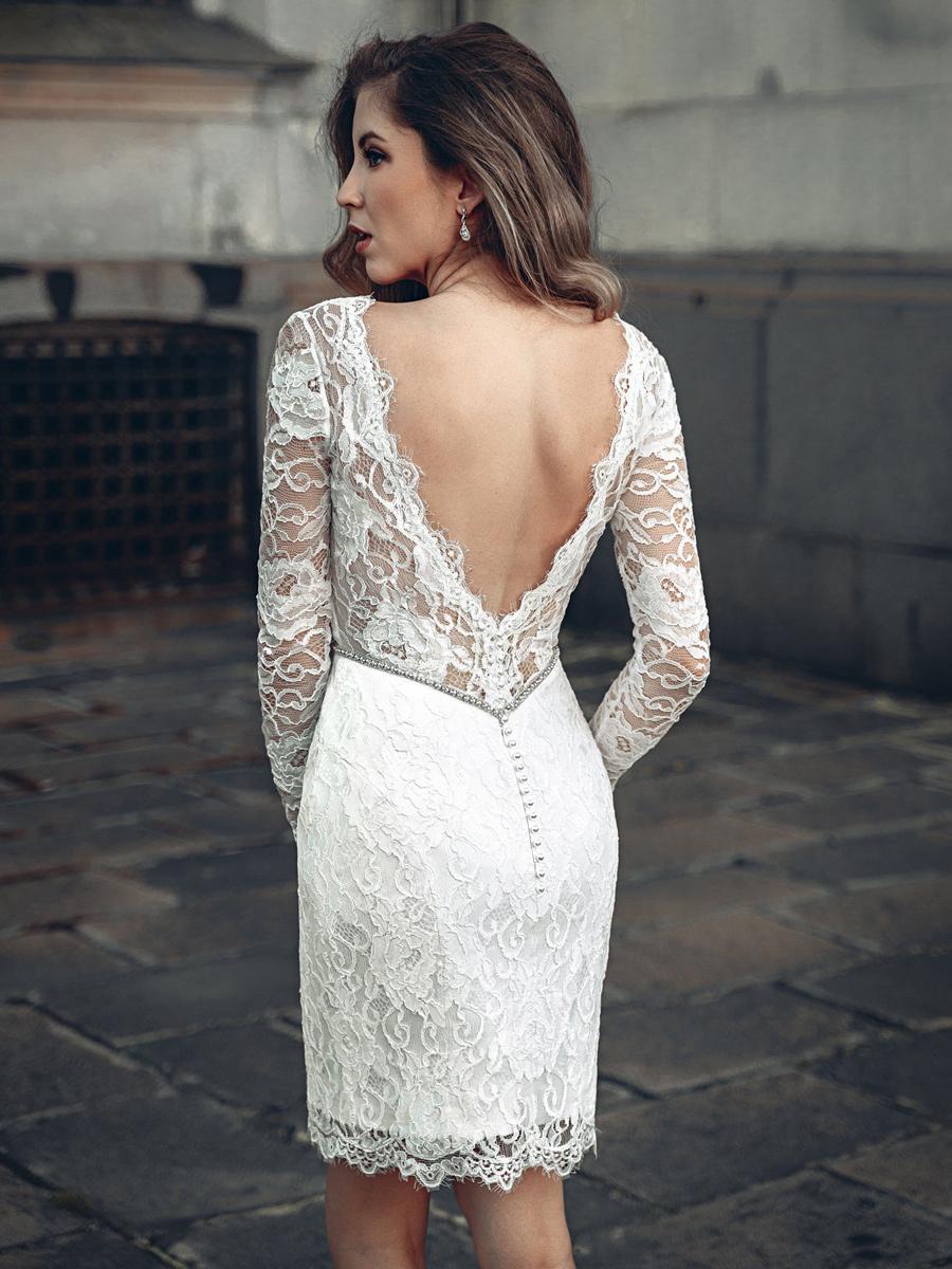 Lace V-Neck Long Sleeves Short Knee-Length Wedding Dress
