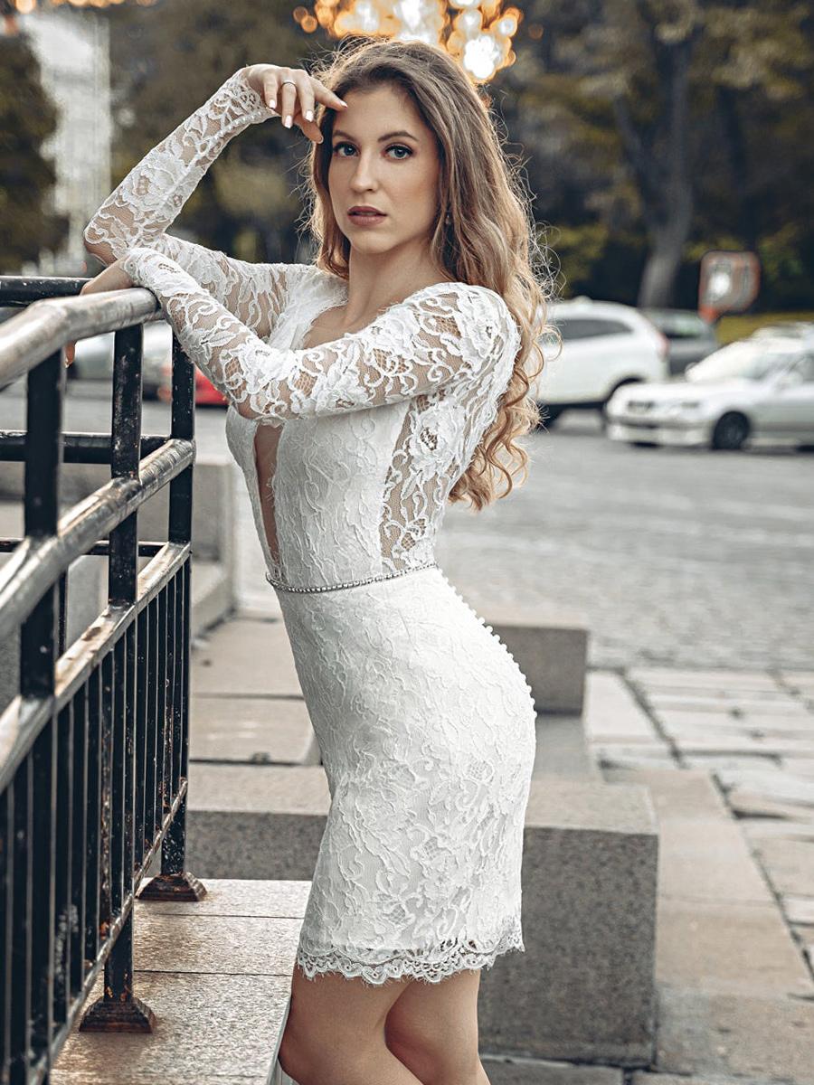 Lace V-Neck Long Sleeves Short Knee-Length Wedding Dress