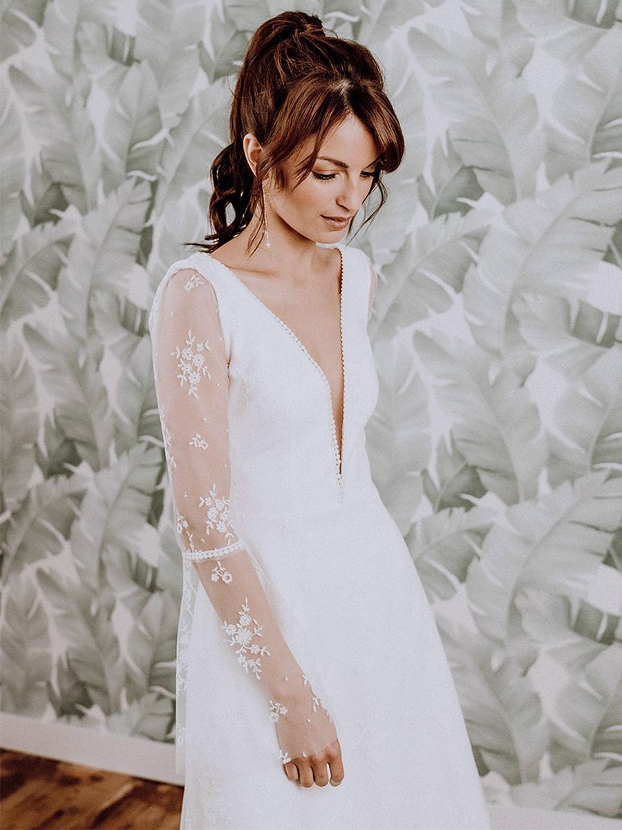 V-Neck Long Sleeves A-Line Natural Waist Lace Bridal Dress