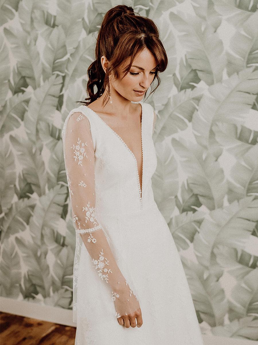 V-Neck Long Sleeves A-Line Natural Waist Lace Bridal Dress