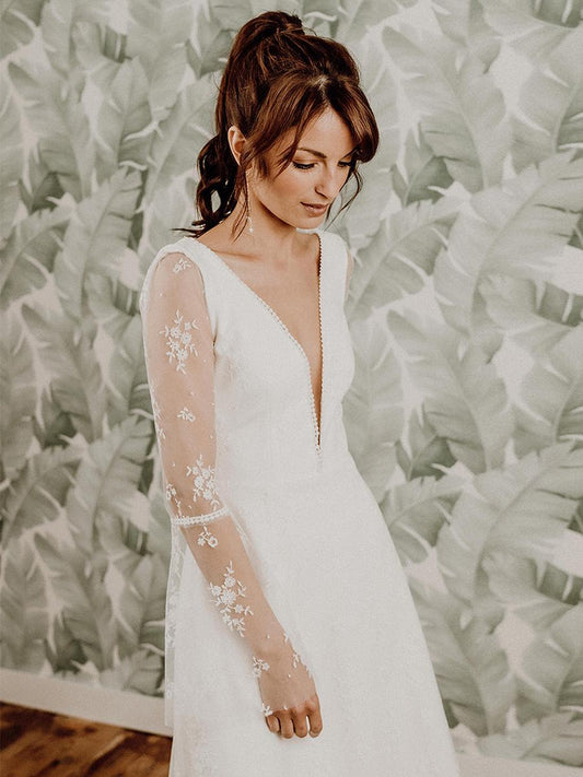 V-Neck Long Sleeves A-Line Natural Waist Lace Bridal Dress