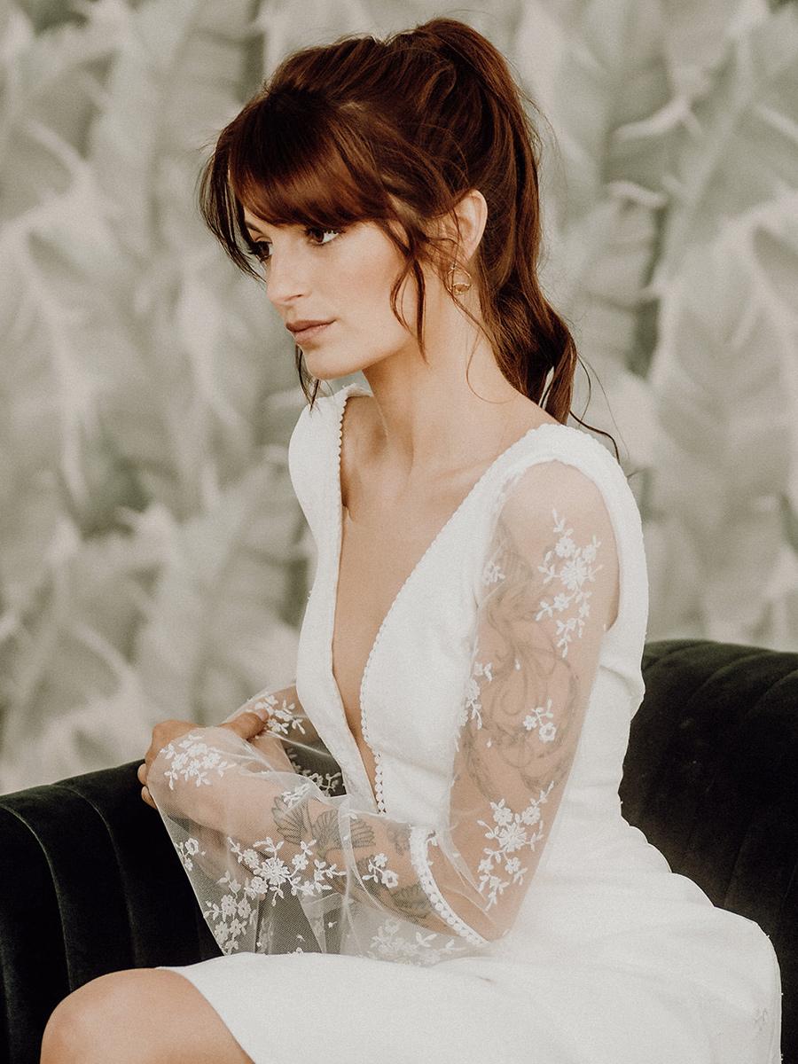V-Neck Long Sleeves A-Line Natural Waist Lace Bridal Dress