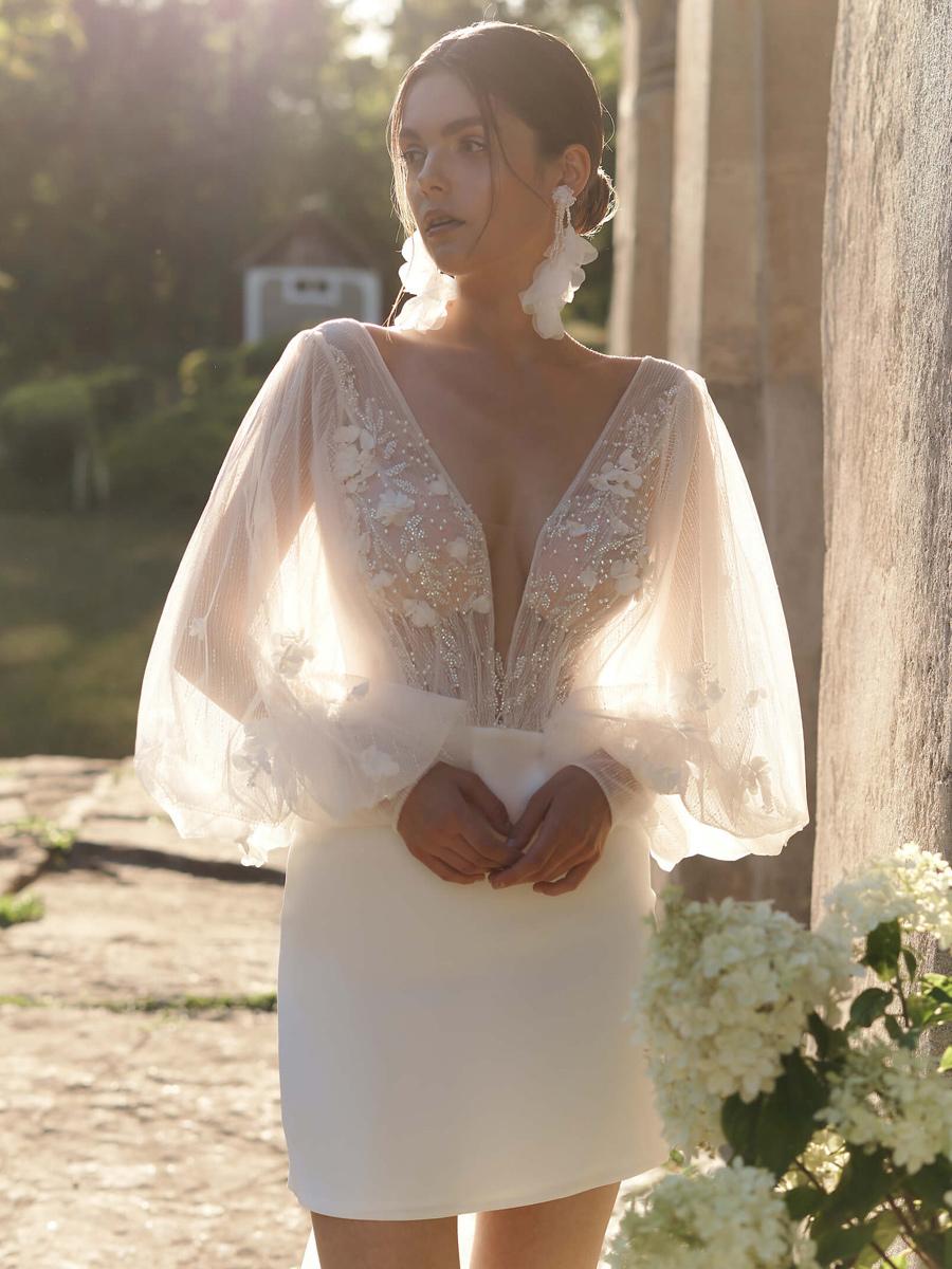 V-Neck Long Sleeves Sheath Stretch Crepe Wedding Dress