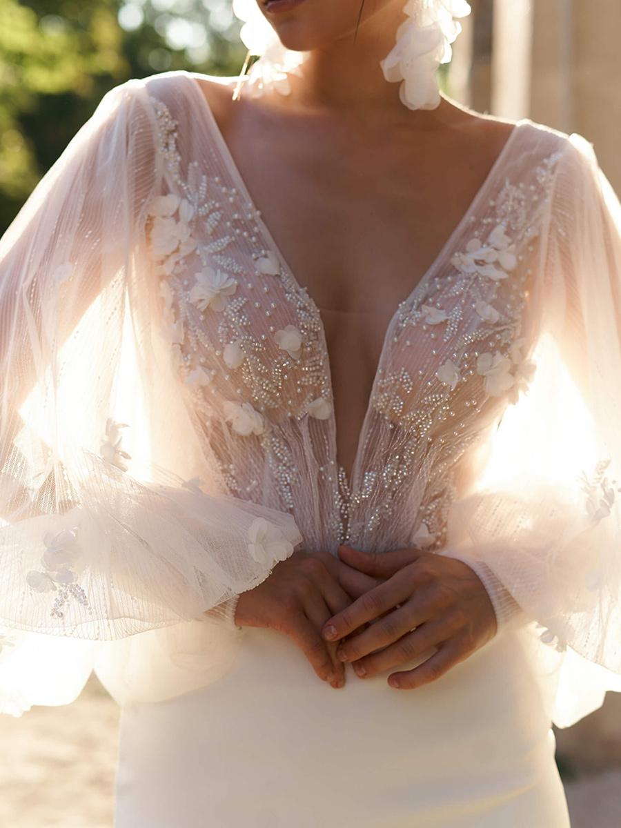 V-Neck Long Sleeves Sheath Stretch Crepe Wedding Dress