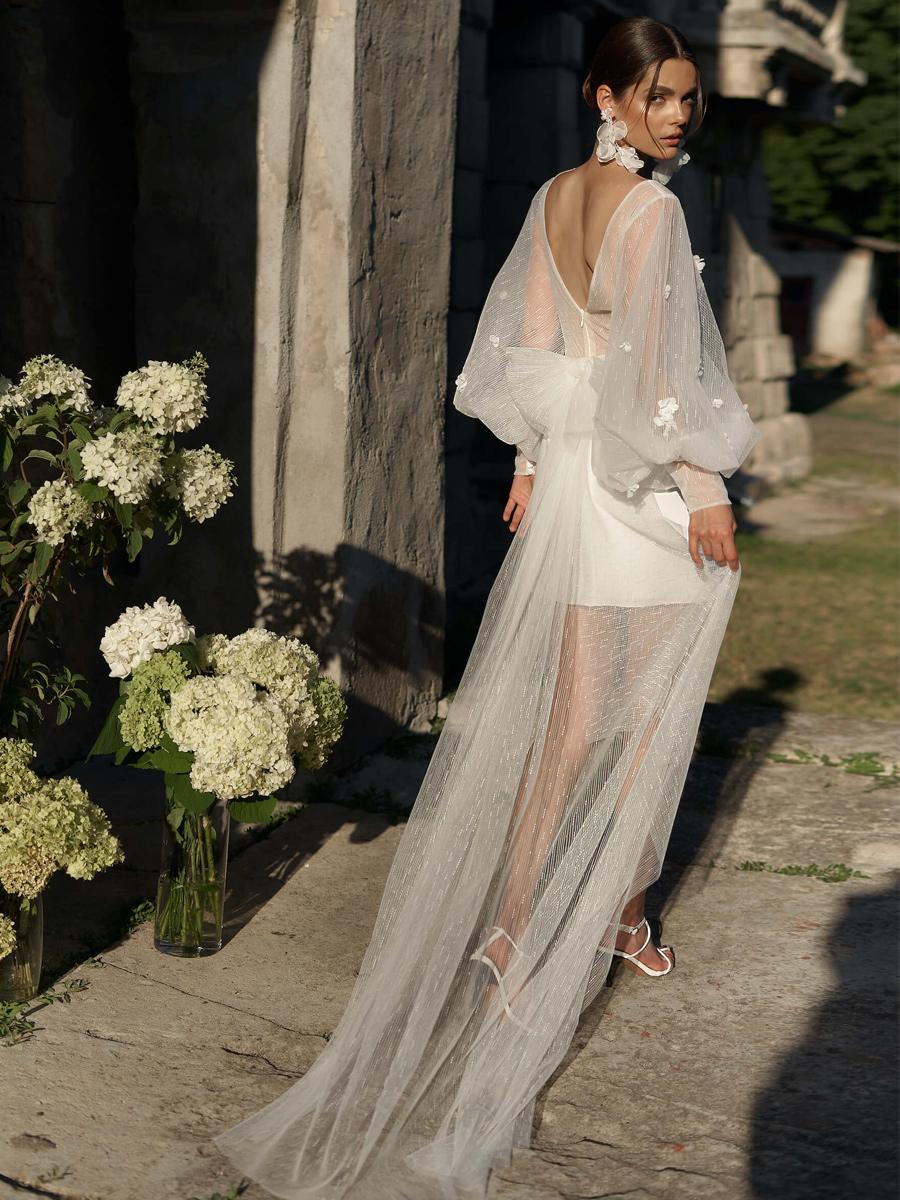 V-Neck Long Sleeves Sheath Stretch Crepe Wedding Dress