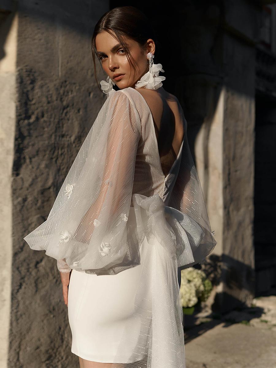 V-Neck Long Sleeves Sheath Stretch Crepe Wedding Dress