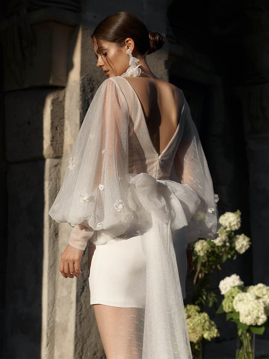 V-Neck Long Sleeves Sheath Stretch Crepe Wedding Dress