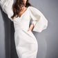 Satin V-Neck Pleated Long Sleeves Short Wedding Dress