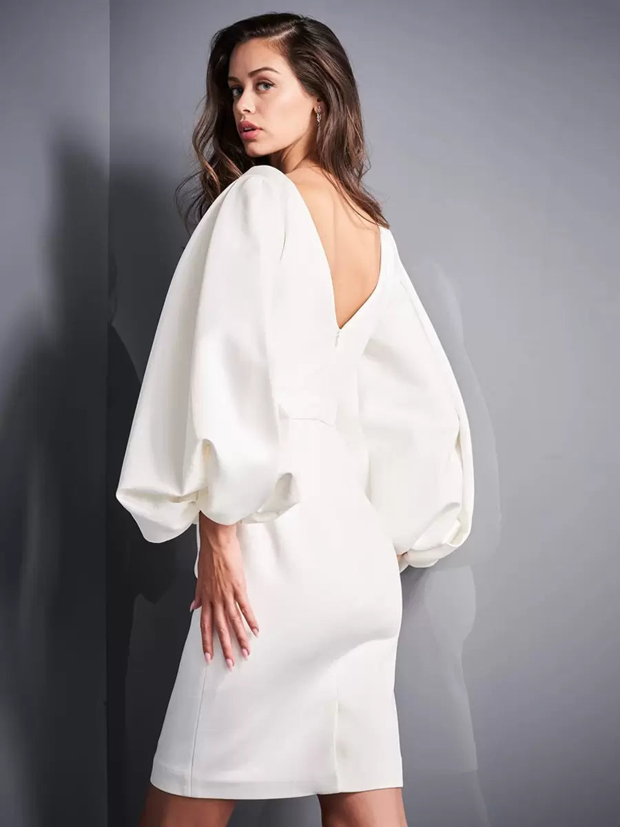 Satin V-Neck Pleated Long Sleeves Short Wedding Dress