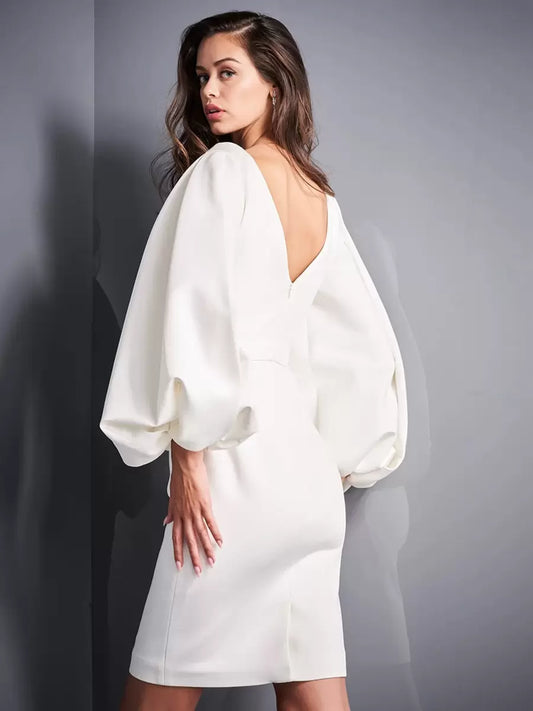Satin V-Neck Pleated Long Sleeves Short Wedding Dress