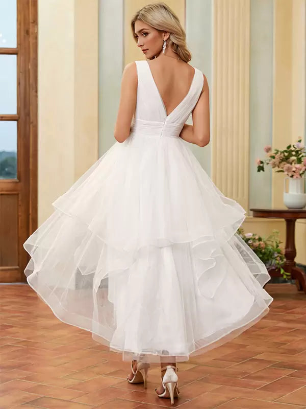 V-Neck Sleeveless A-Line Tulle Ankle-Length Bridal Dress