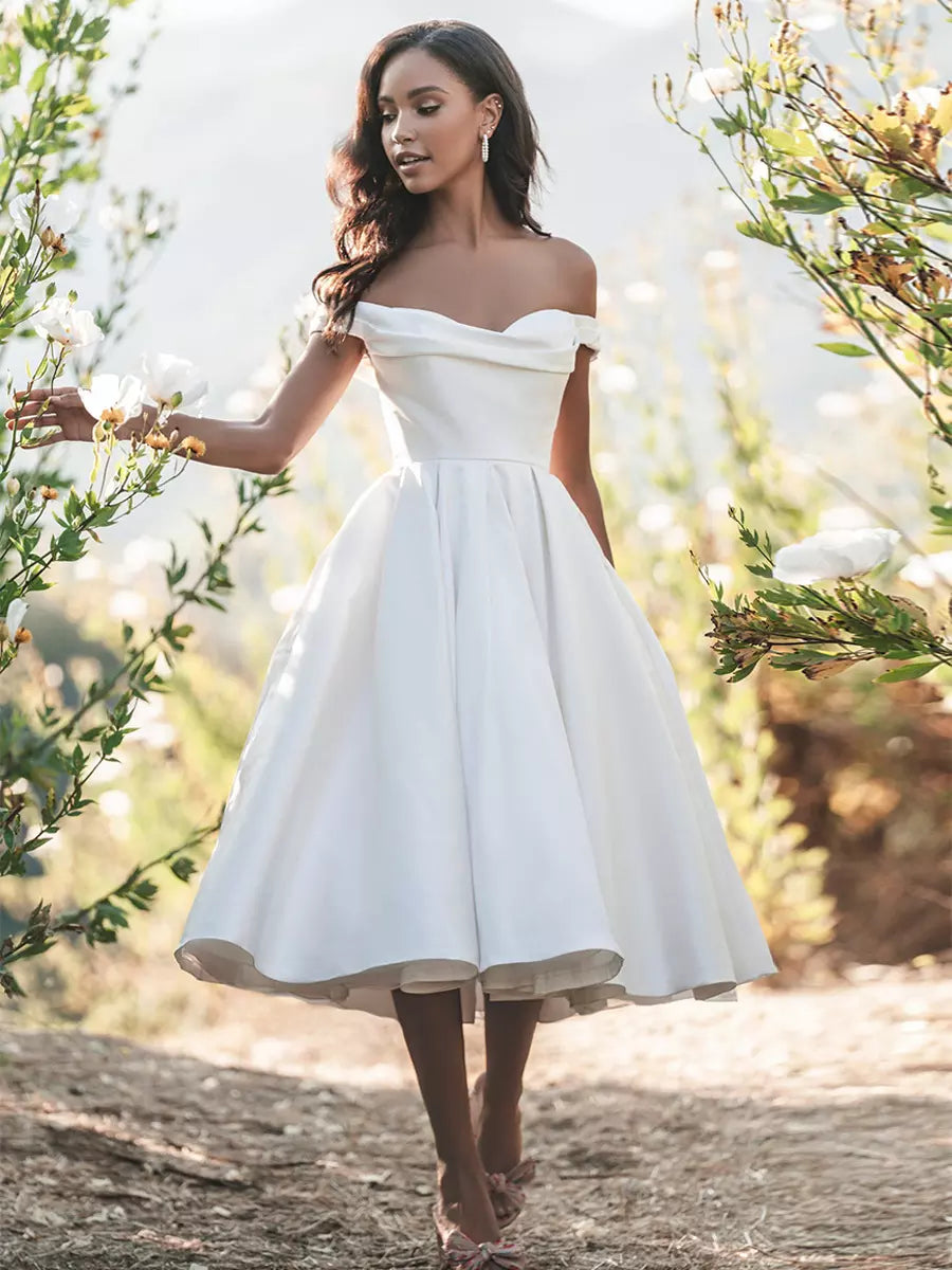 Off-The-Shoulder Sleeveless Short Tea-Length Wedding Dress