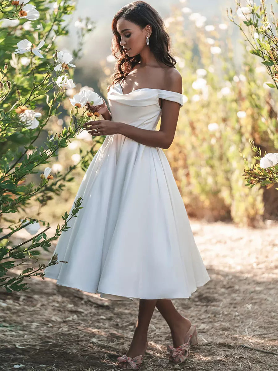 Off-The-Shoulder Sleeveless Short Tea-Length Wedding Dress
