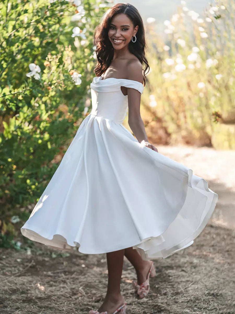 Off-The-Shoulder Sleeveless Short Tea-Length Wedding Dress