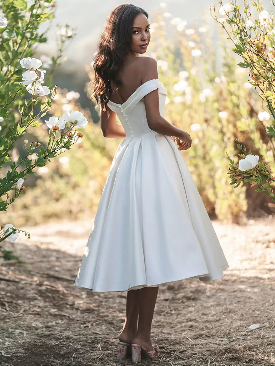 Off-The-Shoulder Sleeveless Short Tea-Length Wedding Dress
