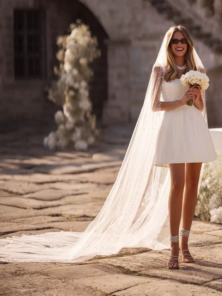 Satin Square Neck Sleeveless Short Bridal Dress