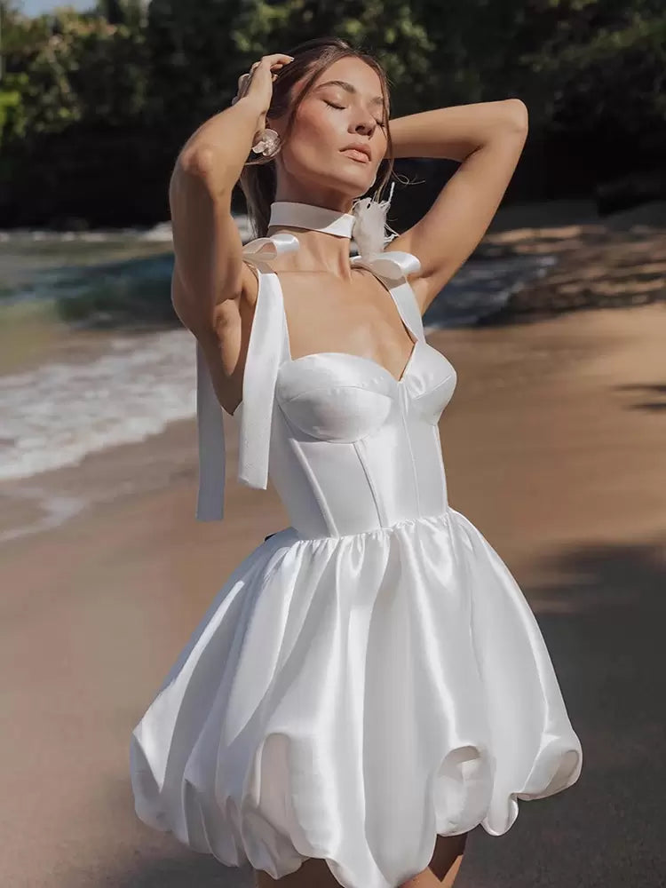 Satin A-Line Sweetheart Neck Sleeveless Short Bridal Dress