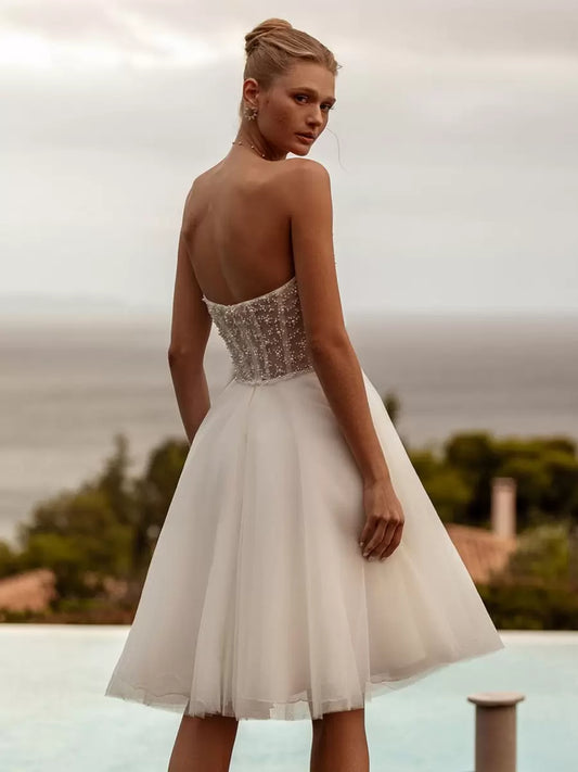 Ivory Strapless Long Sleeves Short Wedding Dress