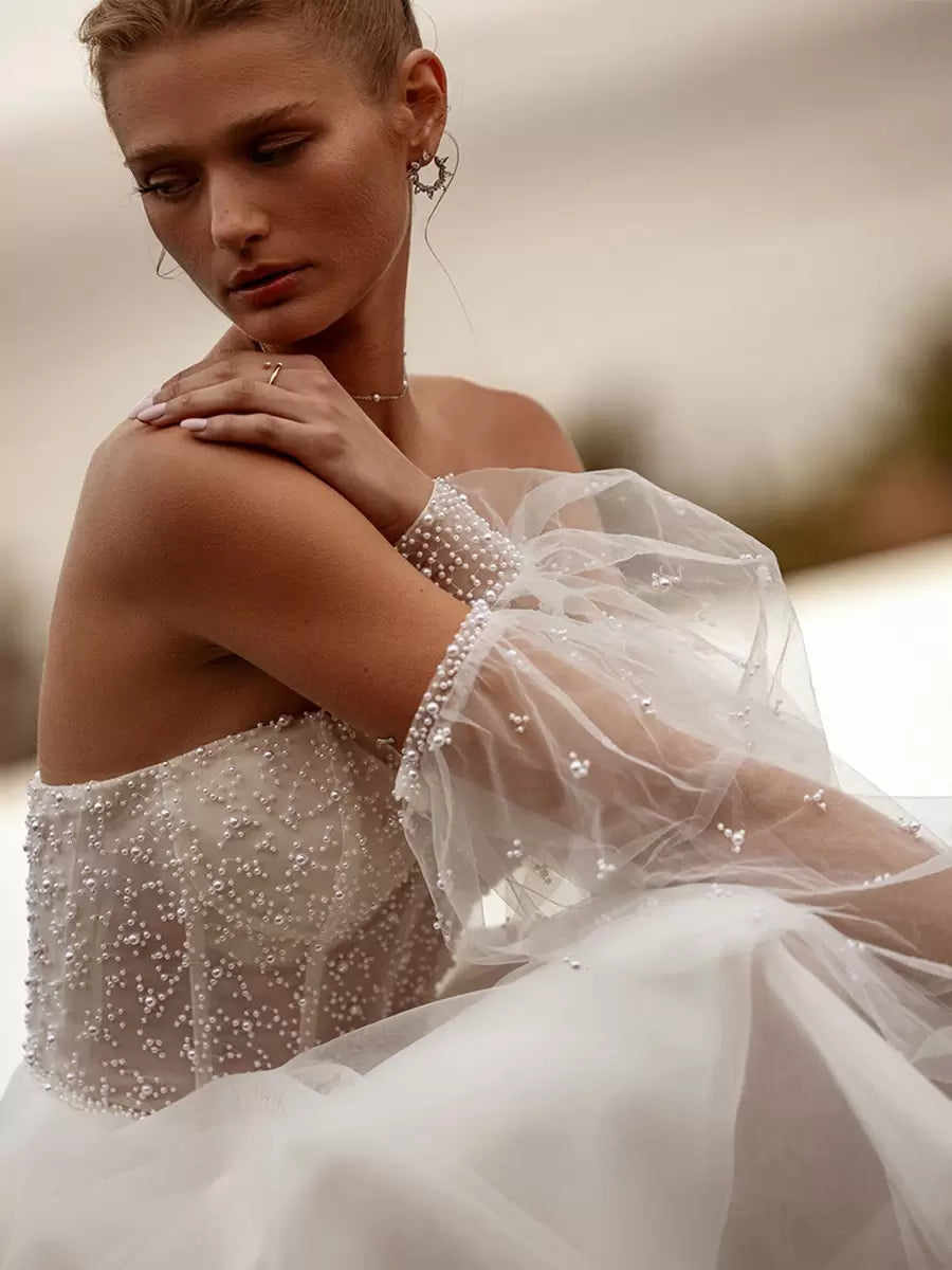 Ivory Strapless Long Sleeves Short Wedding Dress