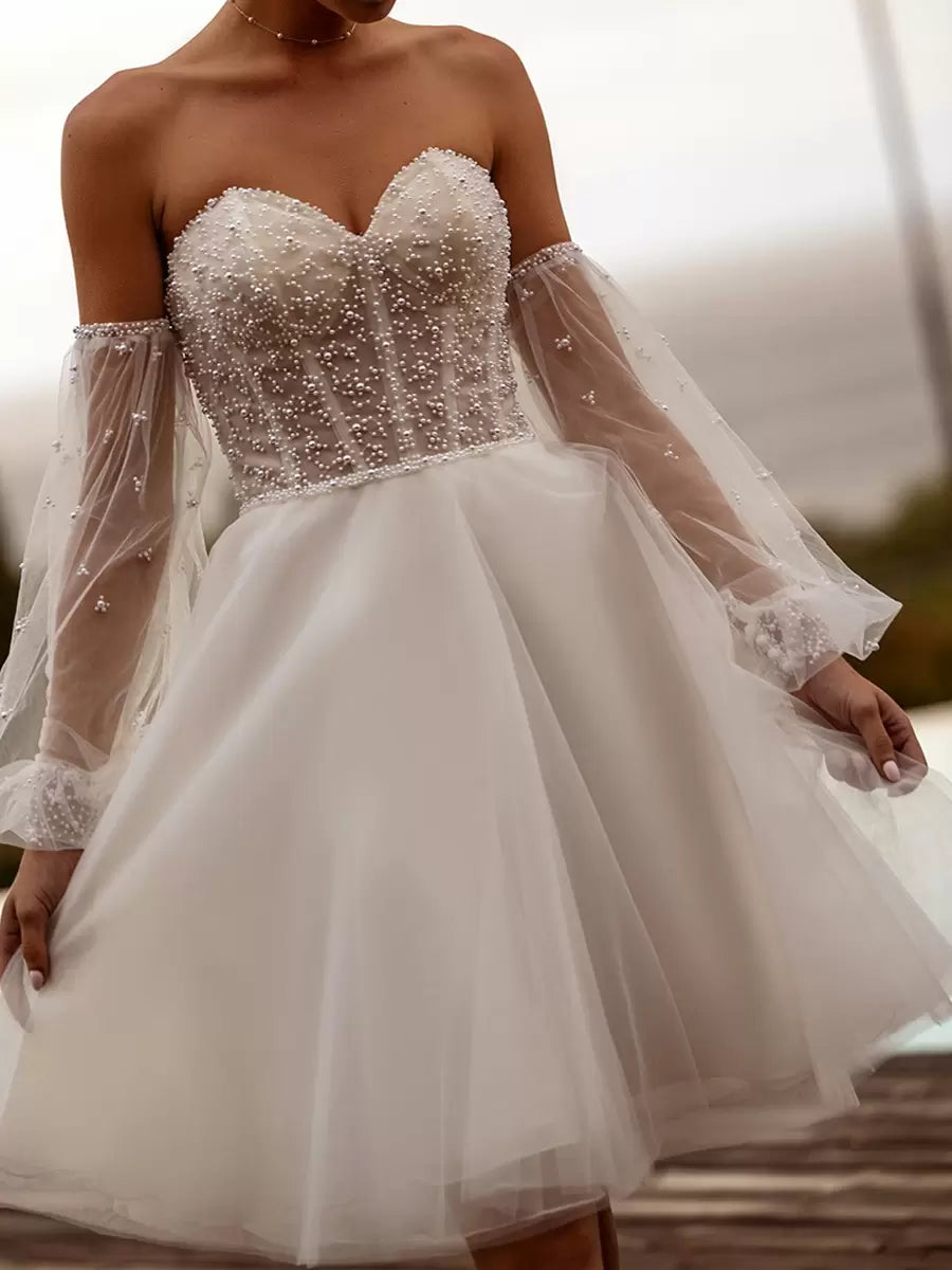 Ivory Strapless Long Sleeves Short Wedding Dress