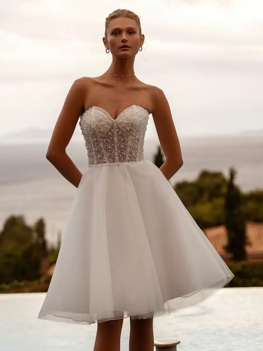 Ivory Strapless Long Sleeves Short Wedding Dress