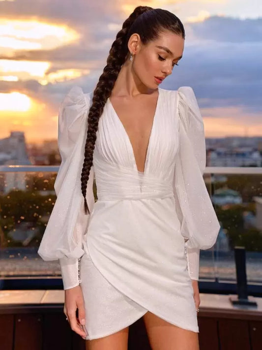 V-Neck Long Sleeves Short Tulle Wedding Dress