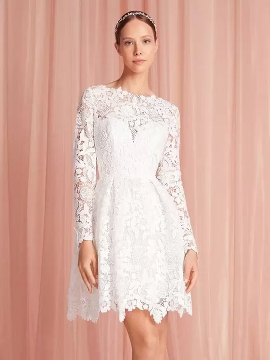 Jewel Neck A-Line Long Sleeves Knee-Length Wedding Dress
