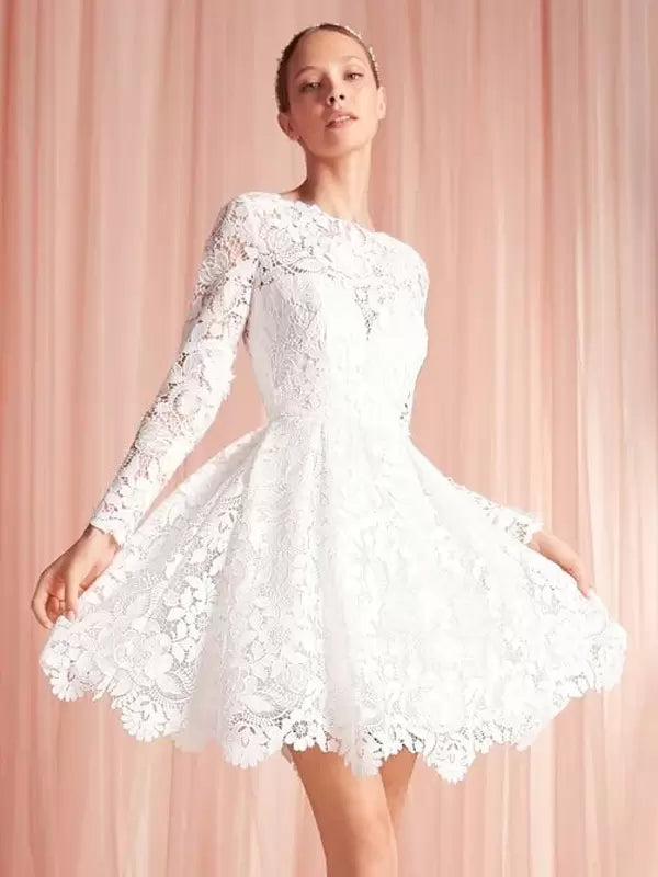 Jewel Neck A-Line Long Sleeves Knee-Length Wedding Dress