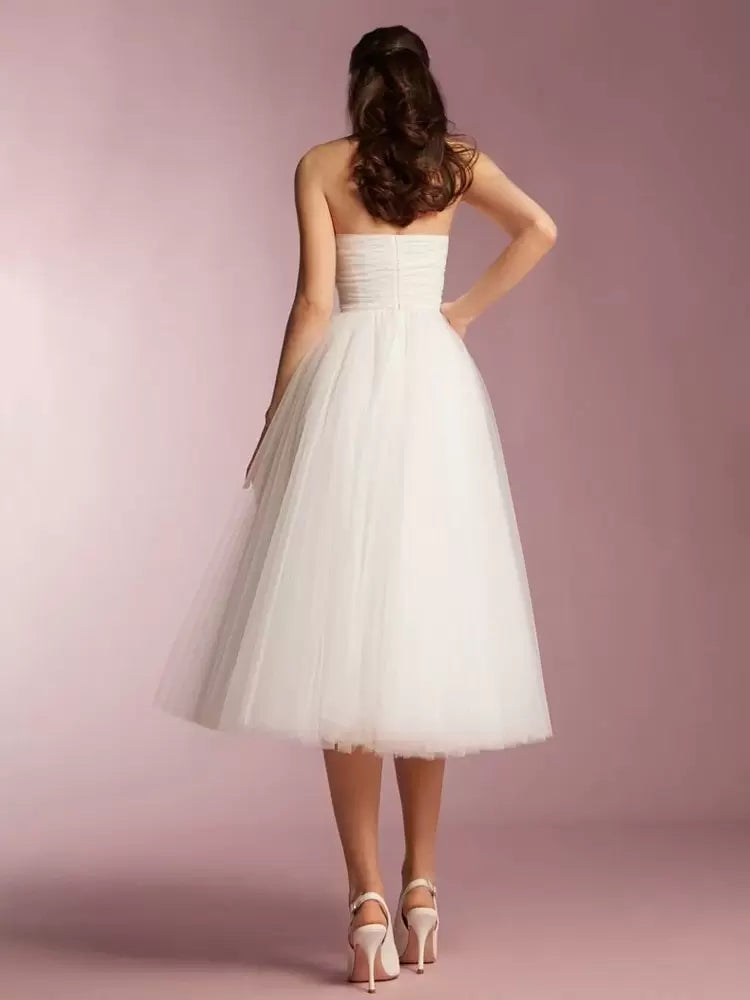 Ivory Strapless Sleeveless Short Tea-Length Wedding Dress