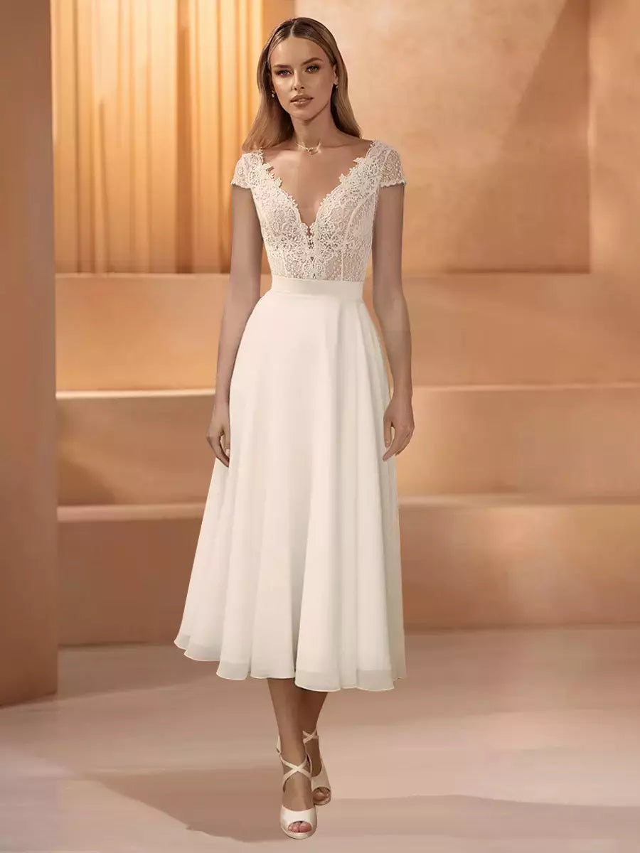 Jewel Neck Short Sleeves Short Tea-Length Wedding Dress