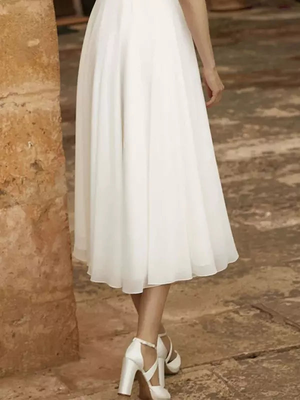 Jewel Neck Short Sleeves Short Tea-Length Wedding Dress