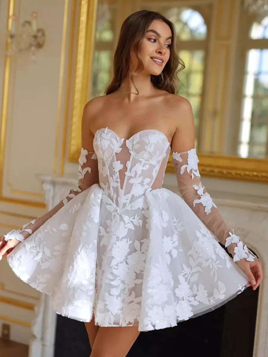Sweetheart Neck Half Sleeves Mini Wedding Dress