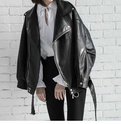 PU Leather Loose Turn-down Collar Zipper Jacket