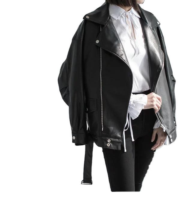 PU Leather Loose Turn-down Collar Zipper Jacket