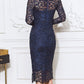 Navy Lace Bateau Neck Long Sleeves Knee-Length Wedding Guest Dress