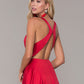 Crimson Deep V-Neck Sleeveless Split Front Formal Evening Dress