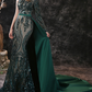 Green One Shoulder Brush Train Evening Dress