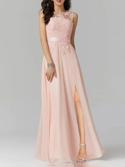 Pink Jewel Neck A-Line Sleeveless Split Front Bridesmaid Dress