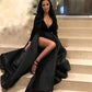 Satin Deep V-Neck Long Sleeves Floor Length Prom Party Dress