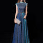 Steel Blue Jewel Neck Sequined Floor-Length Formal Bridesmaid Dress