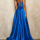 Royal Blue Satin Deep V-Neck Sleeveless Split Front Wedding Guest Dress