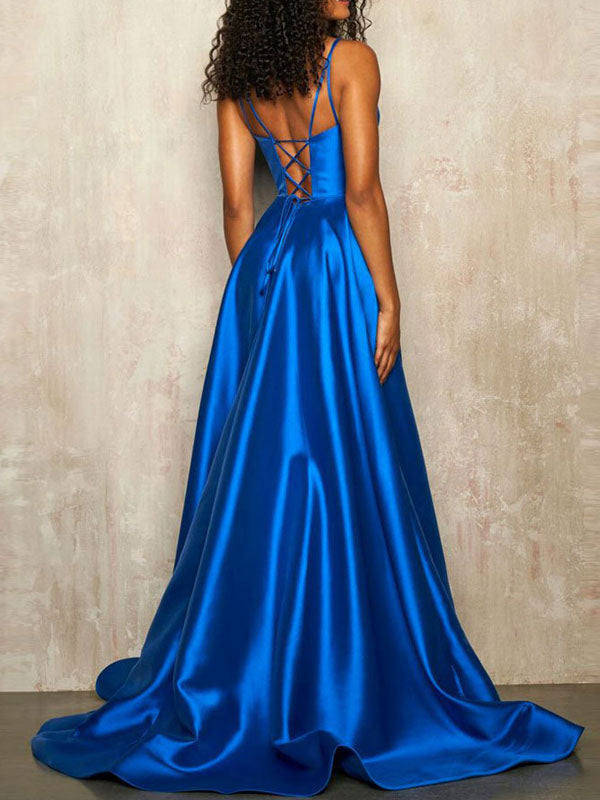 Royal Blue Satin Deep V-Neck Sleeveless Split Front Wedding Guest Dress