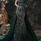 Green One Shoulder Brush Train Evening Dress