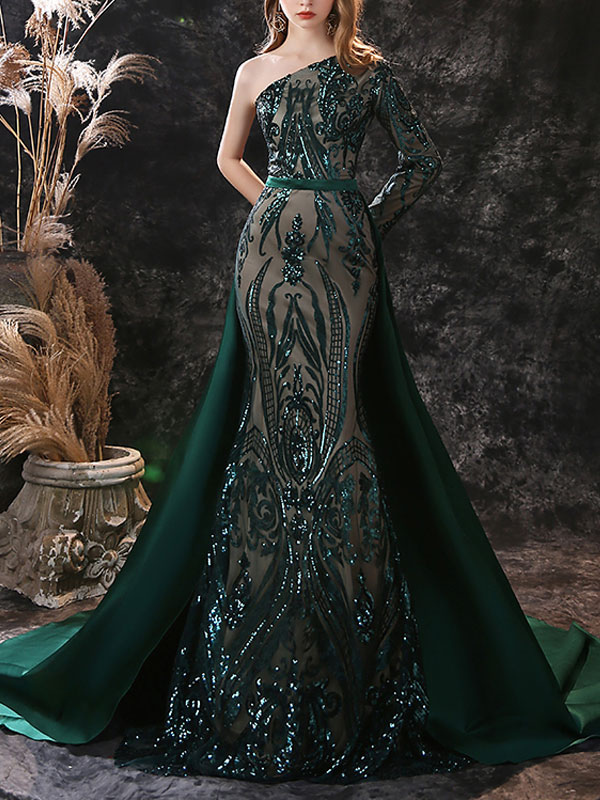 Green One Shoulder Brush Train Evening Dress