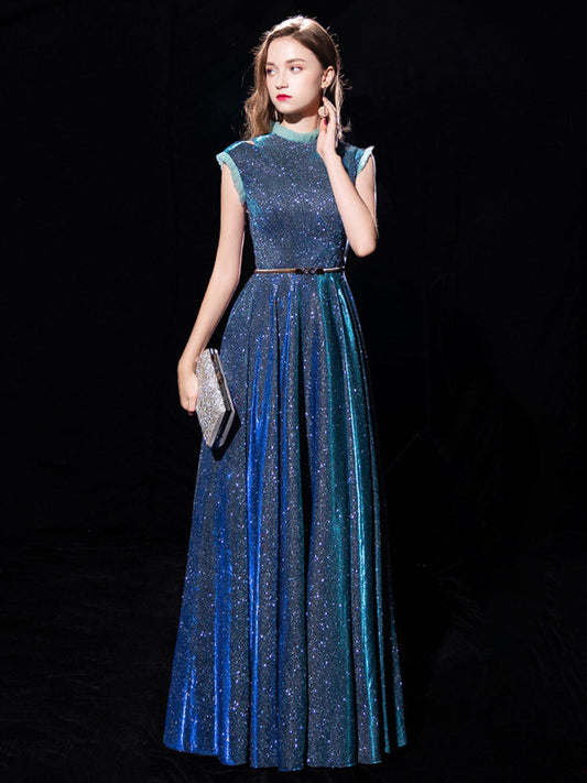 Steel Blue Jewel Neck Sequined Floor-Length Formal Bridesmaid Dress